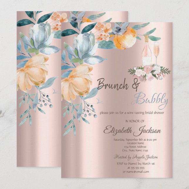 Invitation  Roses de Dust Brunch, Vin, Doré Rose pour une Bab (Devant / Derrière)