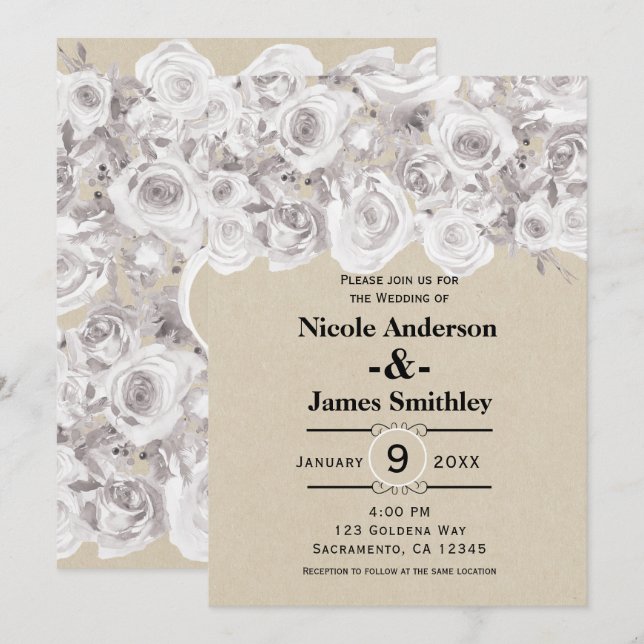 Invitation Roses de Kraft Rustiques Blanches pour Mariage d'H (Devant / Derrière)