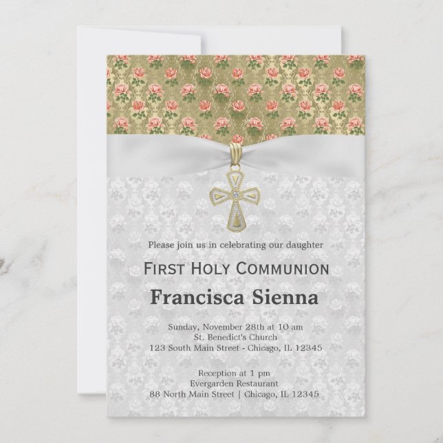 Invitation Roses de la Communion sur l'or antique (Devant)