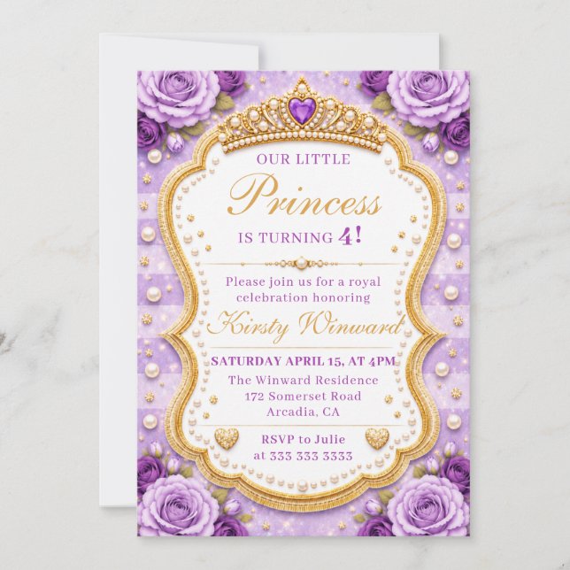 Invitation Roses de la Princesse en Or Violet Élégantes pour  (Devant)