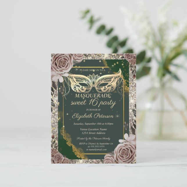 Invitation Roses de mascarade dorées Paillettes Vert Douce 16 (Debout devant)