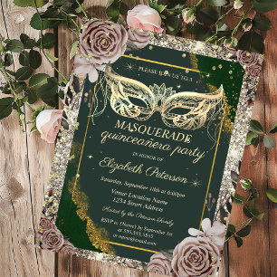 Invitation Roses de mascarade dorées Paillettes Vertes Quince