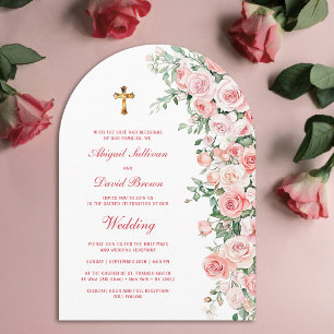 Invitation Roses de pêche roses arc religieux mariage