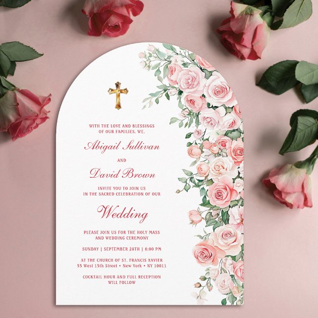 Invitation Roses de pêche roses arc religieux mariage (Créateur téléchargé)
