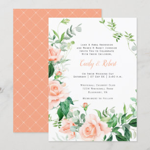 Invitation Roses de pêche Vintage verte Mariage de treillis b