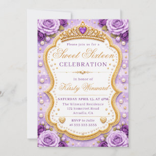 Invitation Roses de princesse en or violet Élégant Sweet 16