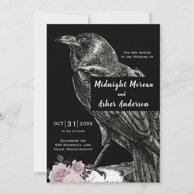 Invitation Roses de Raven noires rose mariage Halloween (Devant)