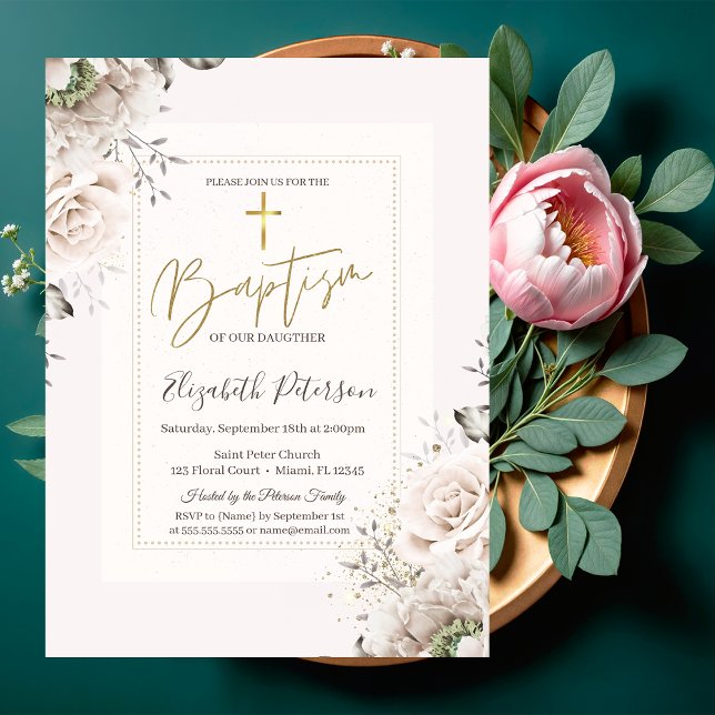 Invitation Roses de teint rosé Croix d'Or Baptême (Créateur téléchargé)