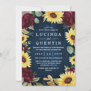 Invitation Roses de tournesol Bourgogne Rouge et Mariage bleu