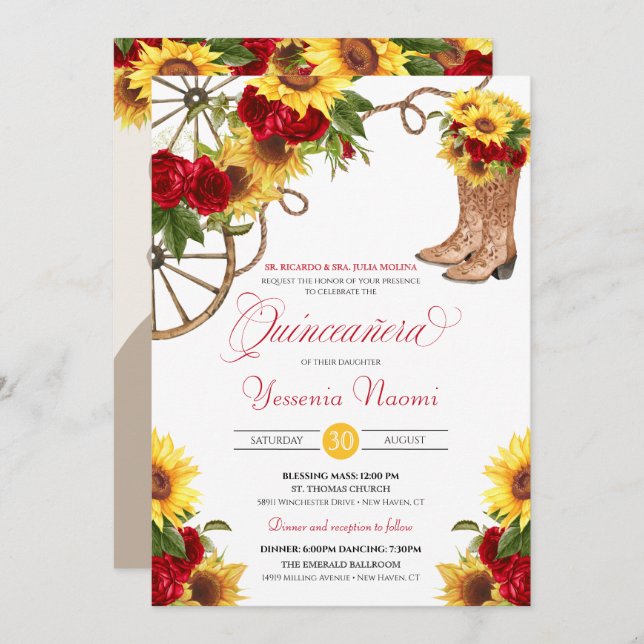 Invitation Roses de tournesol Floral Charra Quinceañera (Devant / Derrière)
