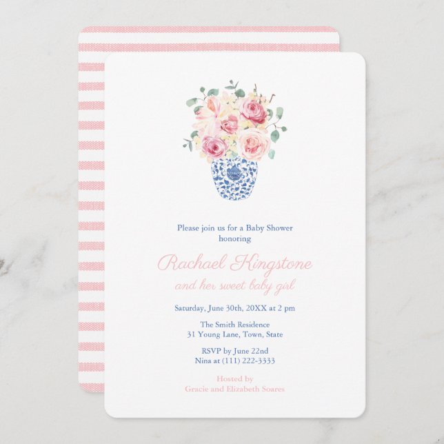 Invitation Roses D'Été Baby shower Fille Vase Bleu Et Blanc (Devant / Derrière)