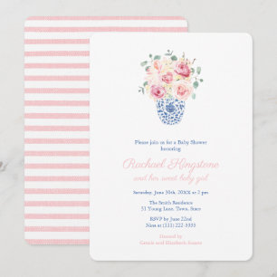 Invitation Roses D'Été Baby shower Fille Vase Bleu Et Blanc