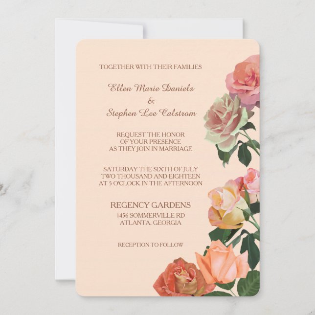 Invitation Roses d'été sur Peach Mariage (Devant)