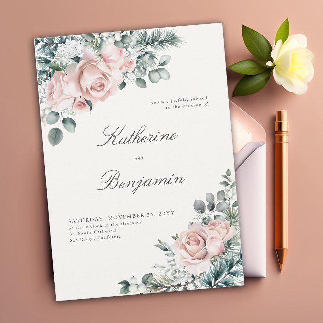Invitation Roses d'hiver classique et moderne - Mariage éléga (elegant winter wedding invitation blush roses foliage floral frame formal traditional calligraphy)
