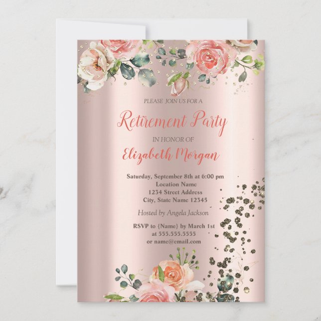 Invitation Roses Diamants Confettis Luxueux Chic Retraite (Devant)