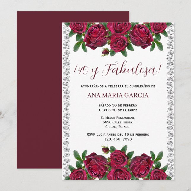 Invitation Roses & Diamants Féminin 40e Anniversaire Espagnol (Devant / Derrière)