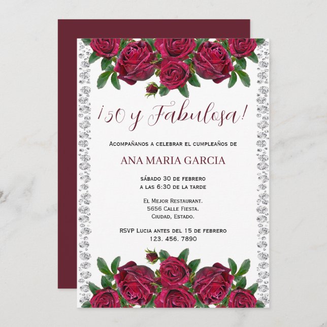 Invitation Roses & Diamonds Feminine 50th Birthday Spanish (Devant / Derrière)