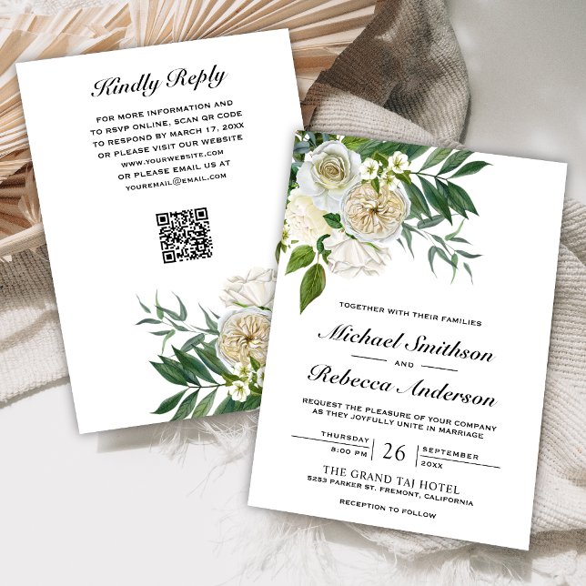 Invitation Roses d'Ivoire Code QR Floral Botanique Mariage (Créateur téléchargé)