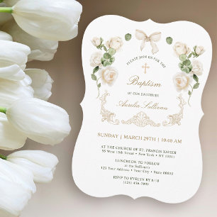 Invitation Roses d'ivoire délicates encadrent le baptême