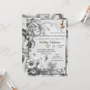 Invitation Roses d'or blanc, soie de champagne et papillons