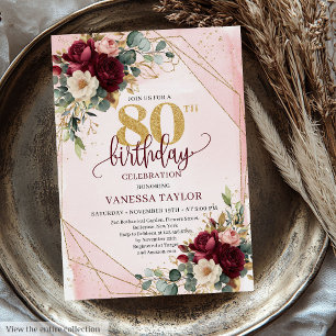 Invitation Roses d'or boho maroon élégant 80e anniversaire