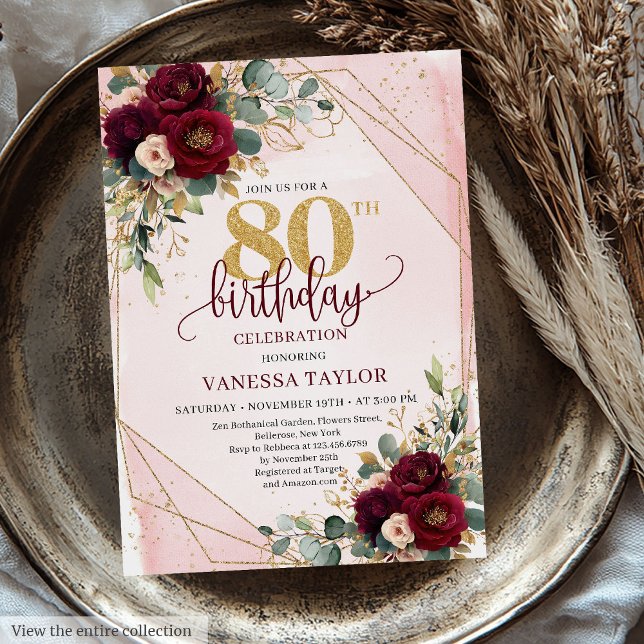 Invitation Roses d'or Boho Maroon moderne 80e anniversaire In (Modern Boho Maroon Gold Roses 80th Birthday Invitation)
