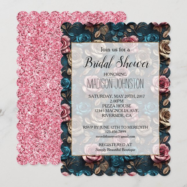 Invitation Roses d'or de champagne d'Aqua rose fille (Devant / Derrière)