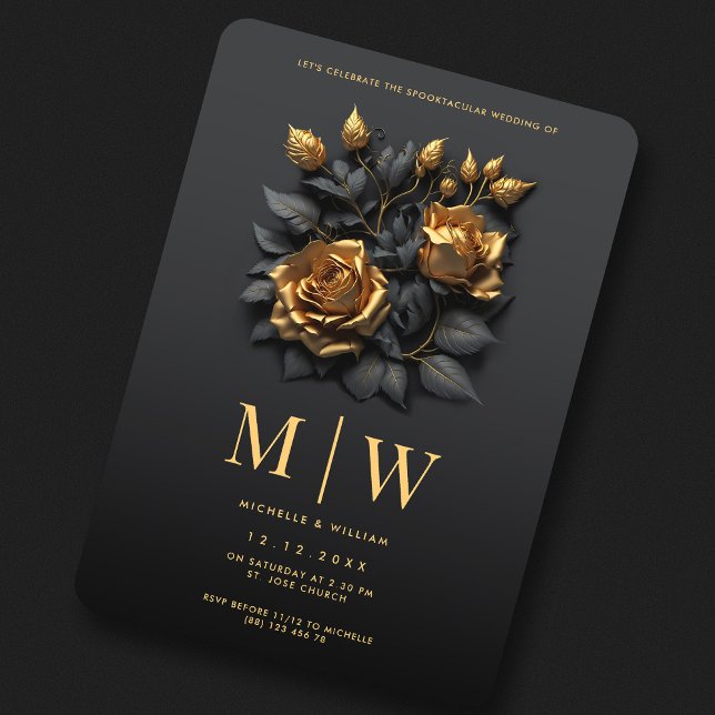 Invitation Roses d'or noir QR Mariage gothique (Black Gold Roses QR Gothic Wedding Invitation
)