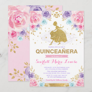 Invitation Roses d'or rose violet Princess Quinceañera