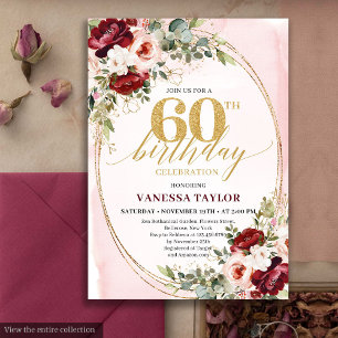 Invitation Roses dorées Burgundy Boho romantiques 60e Anniver
