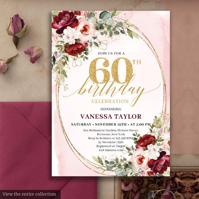 Invitation Roses dorées Burgundy Boho romantiques 60e Anniver (Romantic Boho Burgundy Gold Roses 60th Birthday)