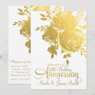 Invitation Roses Dorées Faux Feuille Élégant Anniversaire Flo
