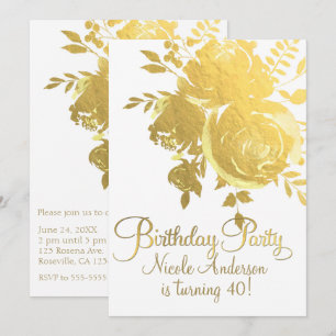 Invitation Roses Dorées Faux Feuille Élégant Fleurs Fête d'An