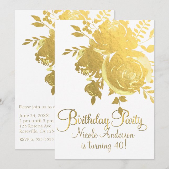 Invitation Roses Dorées Faux Feuille Élégant Fleurs Fête d'An (Devant / Derrière)