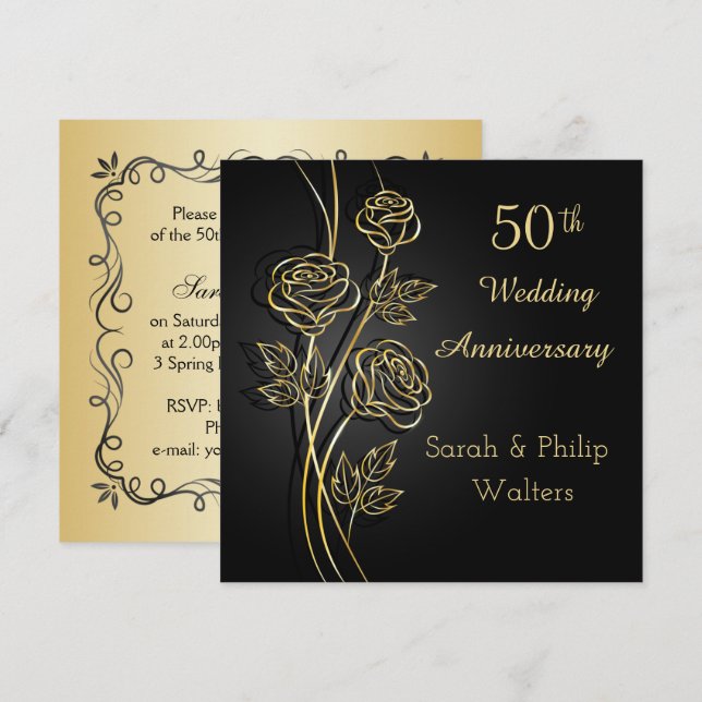 Invitation Roses dorées pour 50e anniversaire noir (Devant / Derrière)