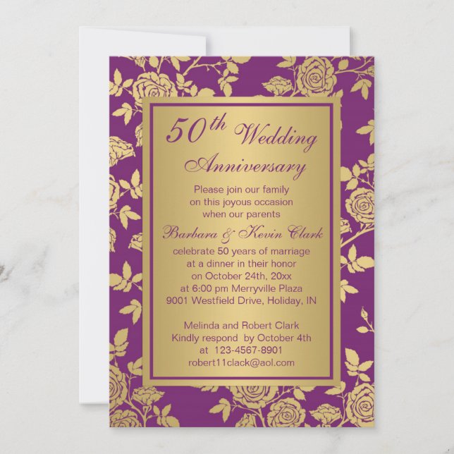 Invitation Roses dorées sur 50e anniversaire violet (Devant)