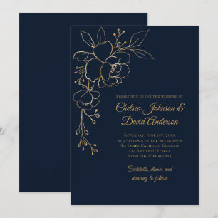 Invitation Roses dorés sur Mariage bleu foncé