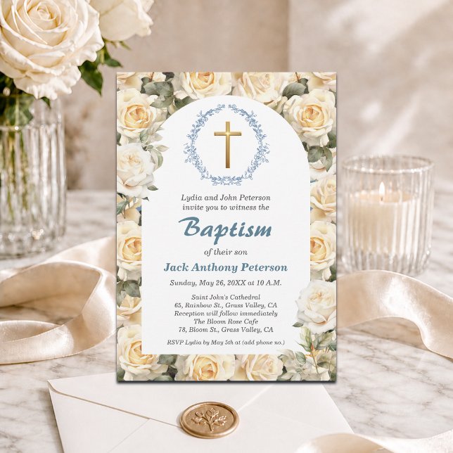 Invitation Roses du jardin blanc Croix d'or Baptême  (Créateur téléchargé)