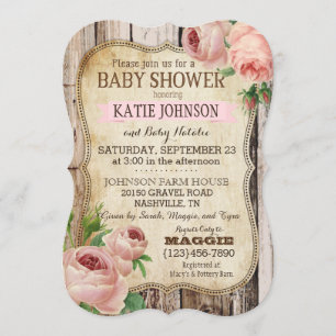 Invitation Roses du pays et Baby shower rustique du bois