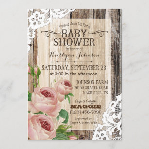 Invitation Roses du pays et Baby shower rustique du bois