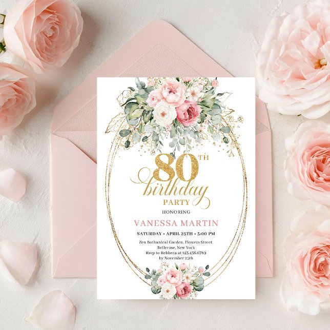 Invitation Roses Écarlates Raffinées Eucalyptus Or 80e Annive (Refined Blush Roses Eucalyptus Gold 80th Birthday)