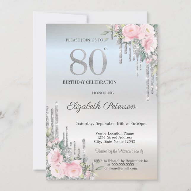 Invitation  Roses élégantes avec gouttes de paillettes argent (Devant)