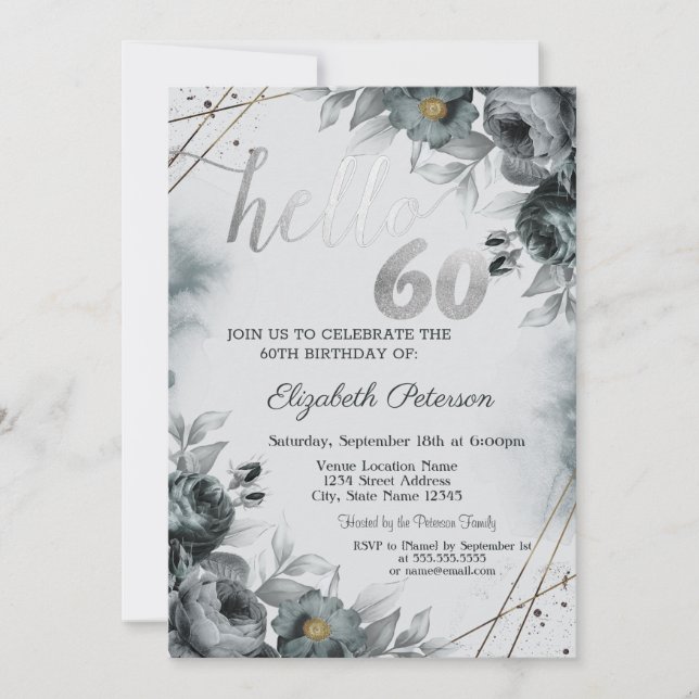 Invitation Roses Élégantes Grises 60e Anniversaire (Devant)