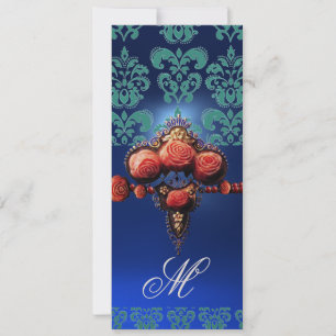 INVITATION ROSES EN CORAIL ROUGE D'OR, NOIR BLEU DAMASK MONOG