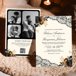 Invitation Roses en or noir Dentelle Crème Code QR Mariage go