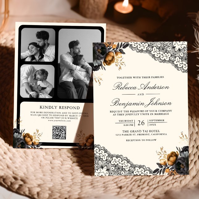 Invitation Roses en or noir Dentelle Crème Code QR Mariage go (Créateur téléchargé)