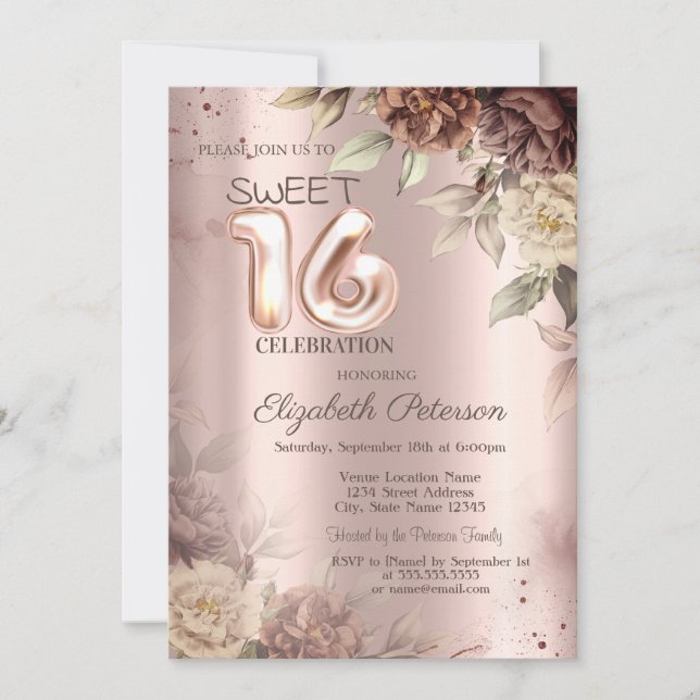 Invitation Roses en terre cuite Rose Gold  Sweet 16 (Devant)