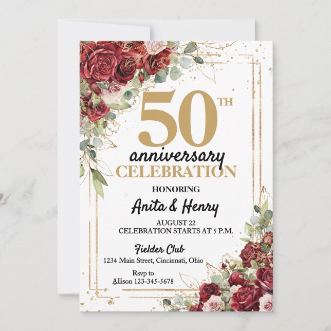 Invitation Roses encadrées rouge profond et or pour 50e anniv (Devant)