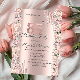 Invitation Roses encadrent des gouttes de rose d'or 85e anniv