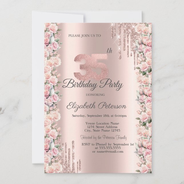 Invitation Roses encadrent des gouttes de rose dorée 35e anni (Devant)